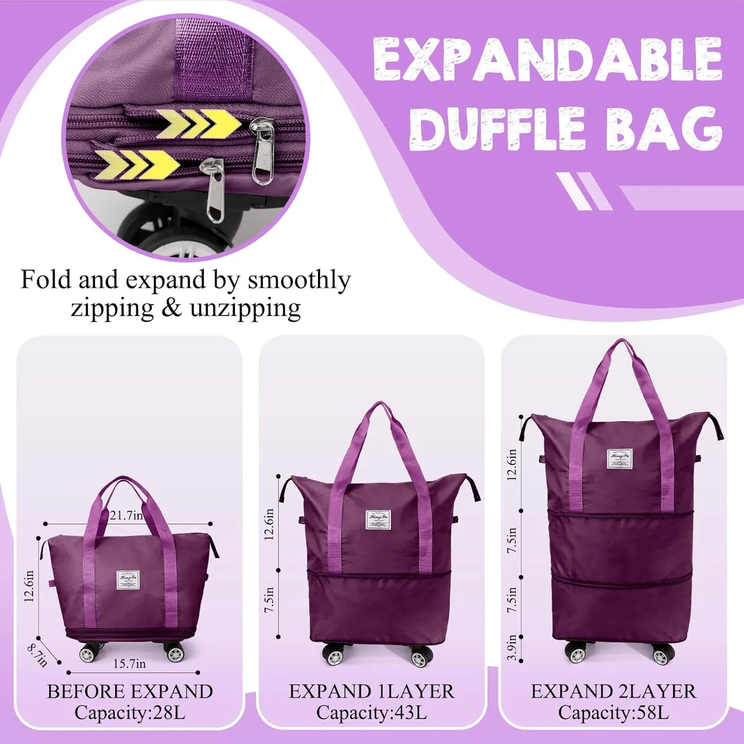 Ranslen Travel Bag With Wheels,Expandable And Foldable Luggage Bag