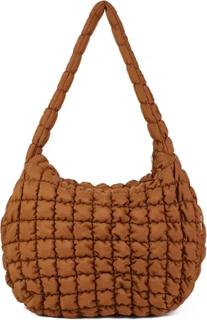 Rejolly Extra Large Puffer Shoulder Bag for Women Oversize Quilted Puffy Lightweight Nylon Handbag Padded Soft Purse Brown