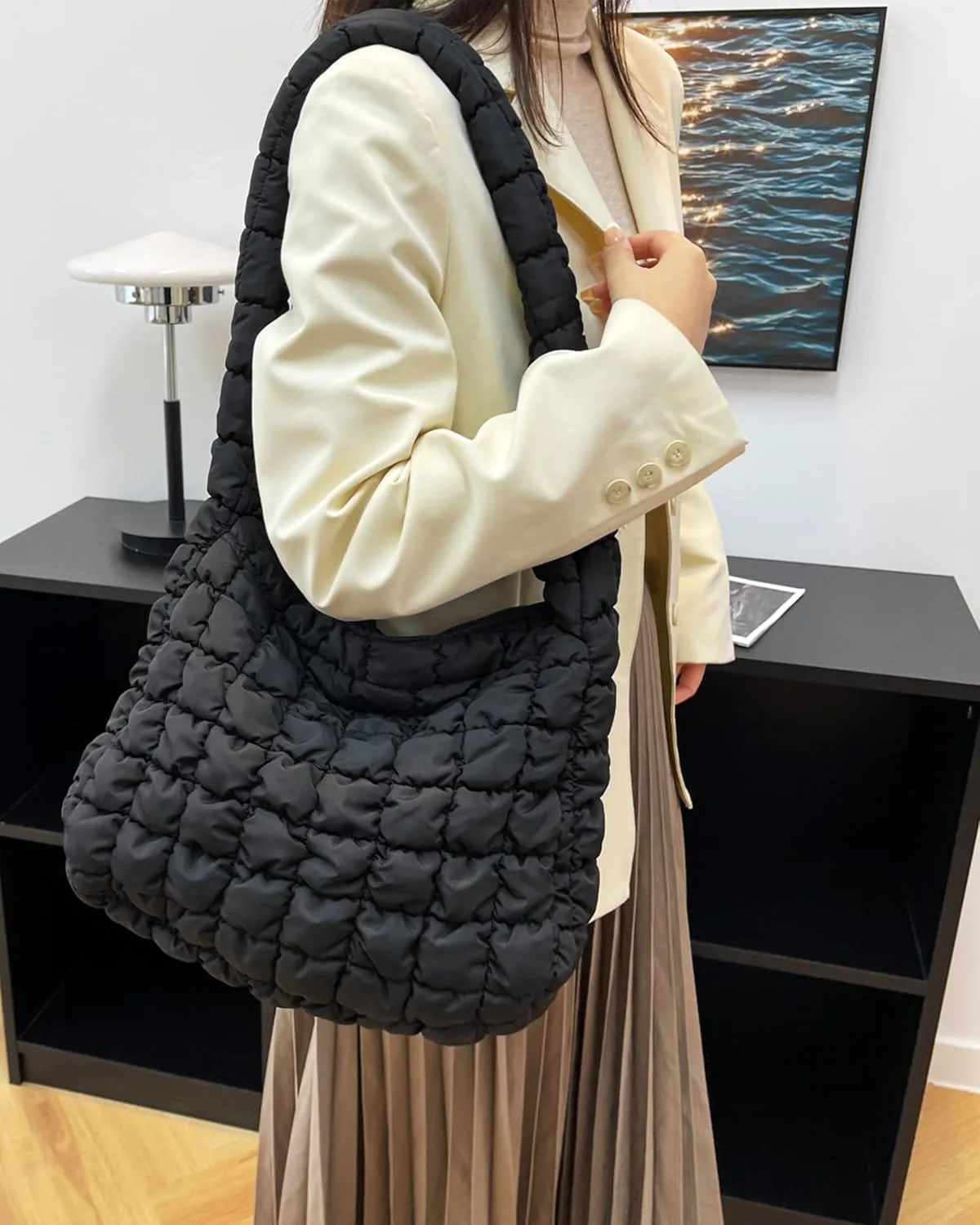 Rejolly Puffer Quilted Shoulder Bag for Women Puffy Bubble Tote Bag Lightweight Nylon Handbag Padded Soft Purse