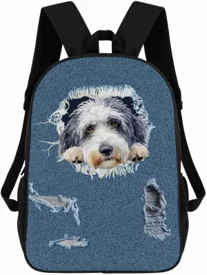 Retro Backpack Polish Lowland Sheepdog Dog Pattern Jeans Blue Shoulder Bags Travel Laptop Backpack 17 Inch