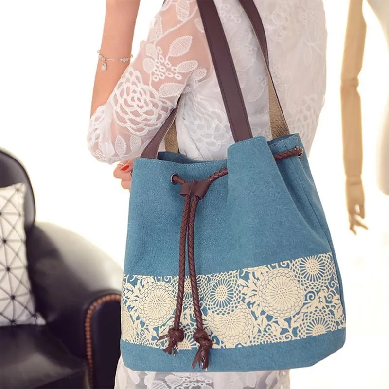 Retro Purses for Women Lace Print Shoulder Bag Drawstring Handbags for Women Purses and Handbags Bucket Shoulder Purse