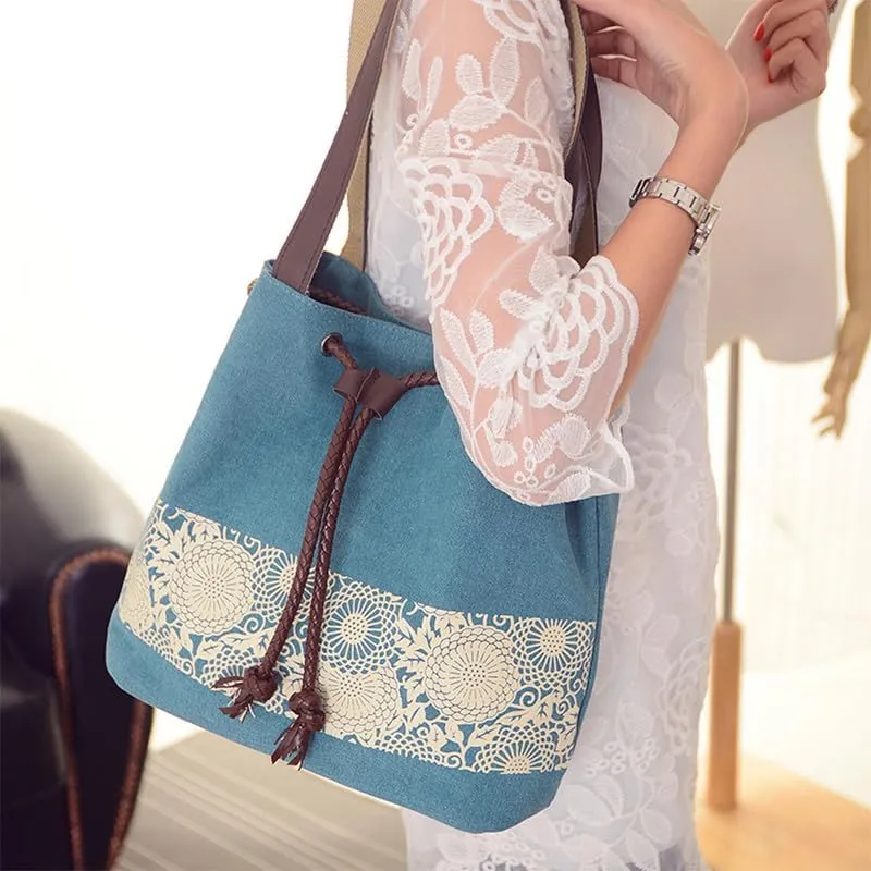Retro Purses for Women Lace Print Shoulder Bag Drawstring Handbags for Women Purses and Handbags Bucket Shoulder Purse