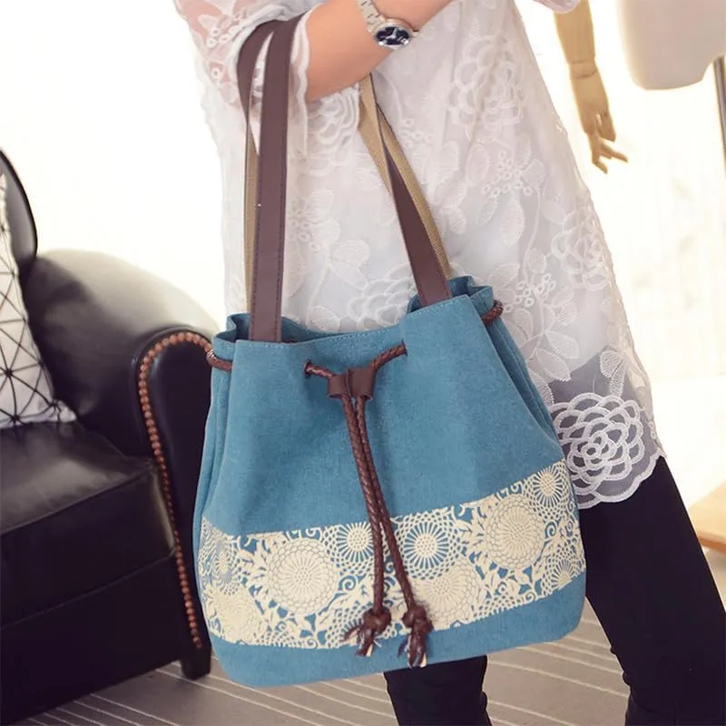 Retro Purses for Women Lace Print Shoulder Bag Drawstring Handbags for Women Purses and Handbags Bucket Shoulder Purse