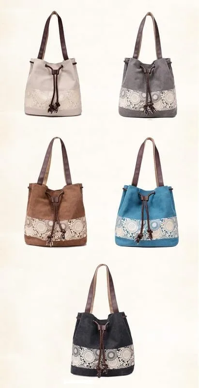 Retro Purses for Women Lace Print Shoulder Bag Drawstring Handbags for Women Purses and Handbags Bucket Shoulder Purse
