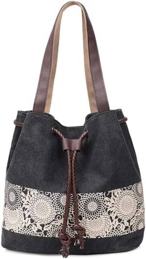 Retro Purses for Women Lace Print Shoulder Bag Drawstring Handbags for Women Purses and Handbags Bucket Shoulder Purse
