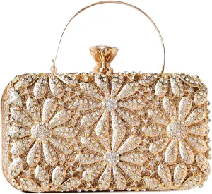 Rhinestone Flower Evening Bag for Women Sparkly Sequin Purse Crystal Clutch Bag Bridal Wedding Handbag Shoulder Bag