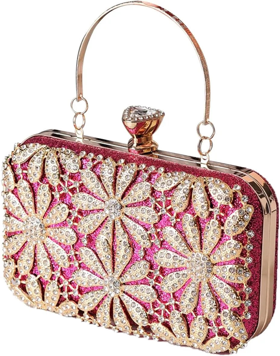 Rhinestone Flower Evening Bag for Women Sparkly Sequin Purse Crystal Clutch Bag Bridal Wedding Handbag Shoulder Bag