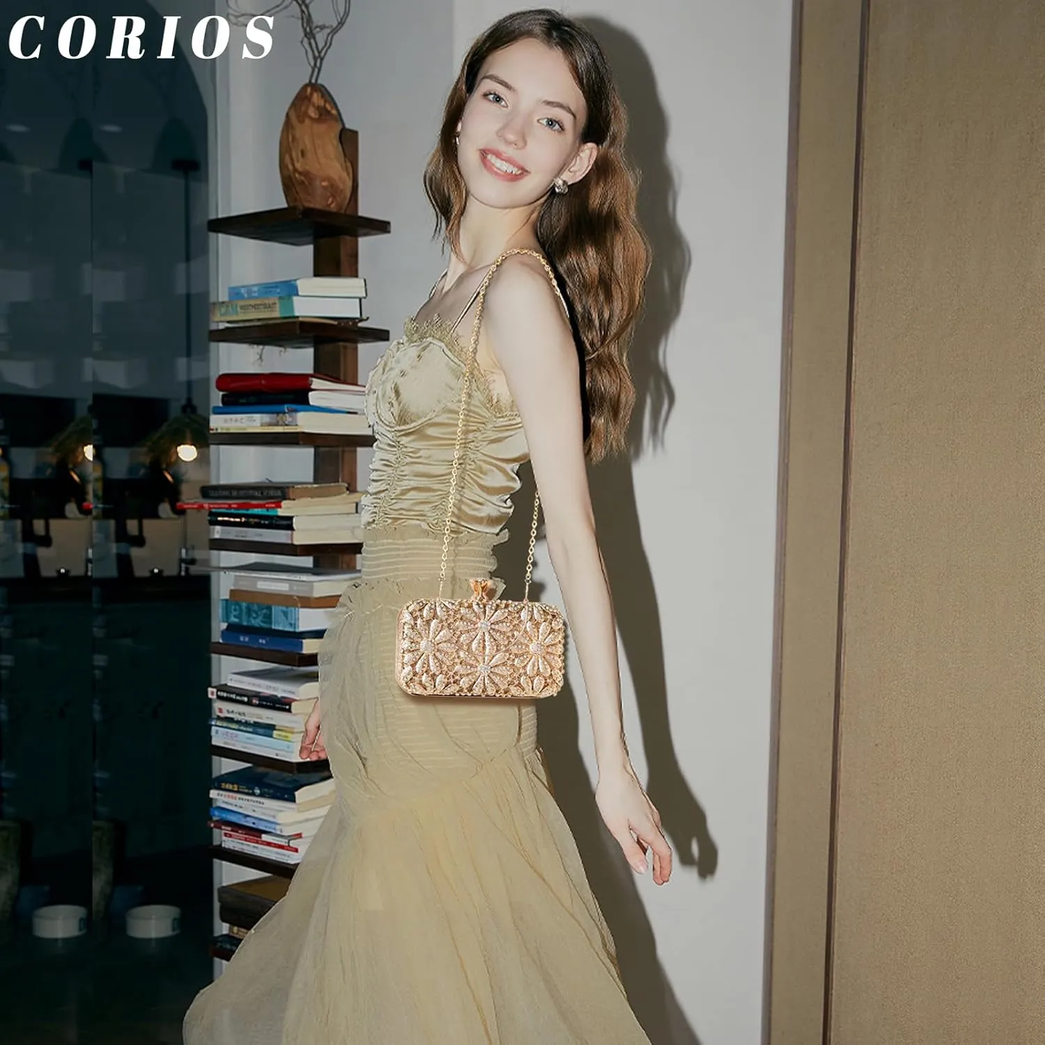Rhinestone Flower Evening Bag for Women Sparkly Sequin Purse Crystal Clutch Bag Bridal Wedding Handbag Shoulder Bag