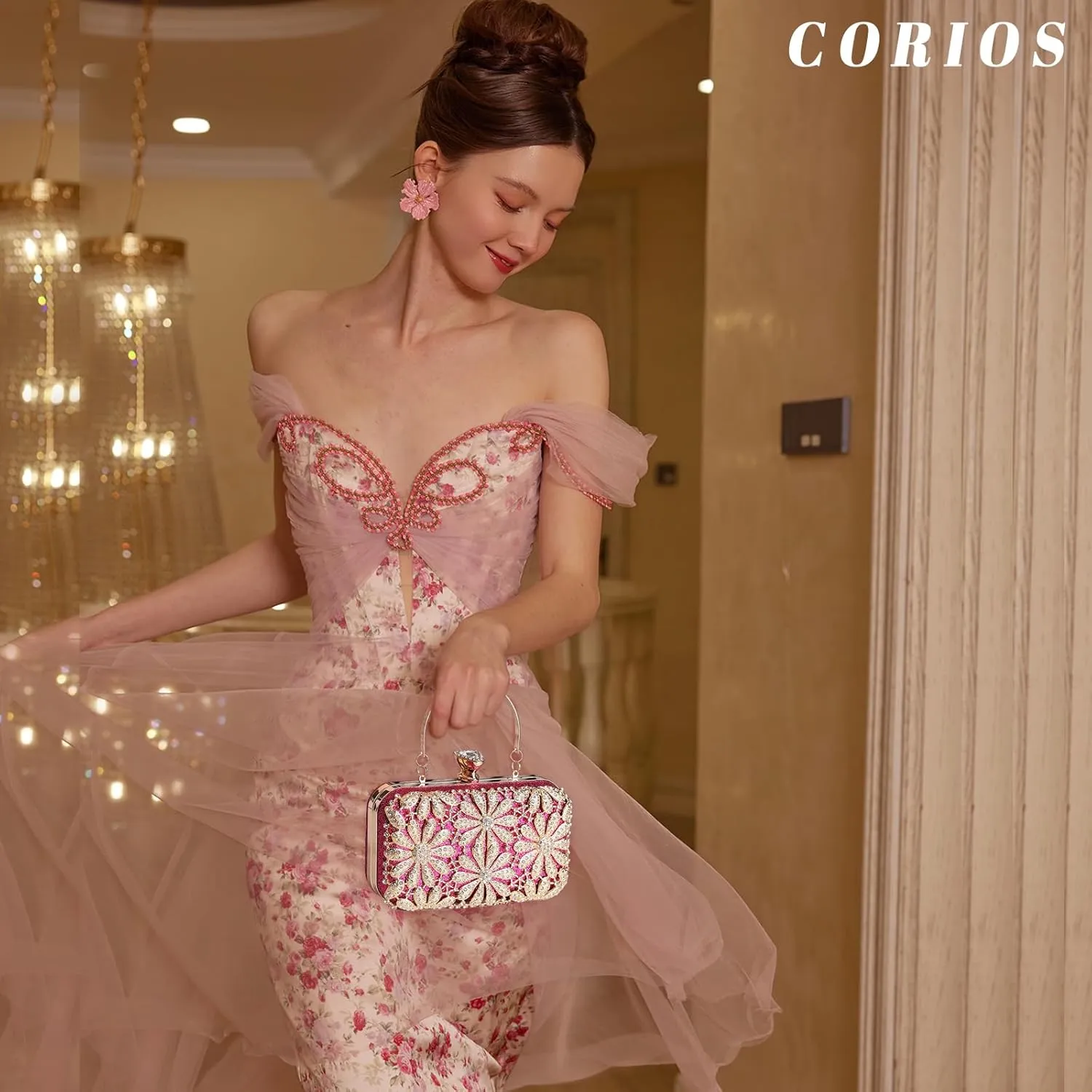 Rhinestone Flower Evening Bag for Women Sparkly Sequin Purse Crystal Clutch Bag Bridal Wedding Handbag Shoulder Bag