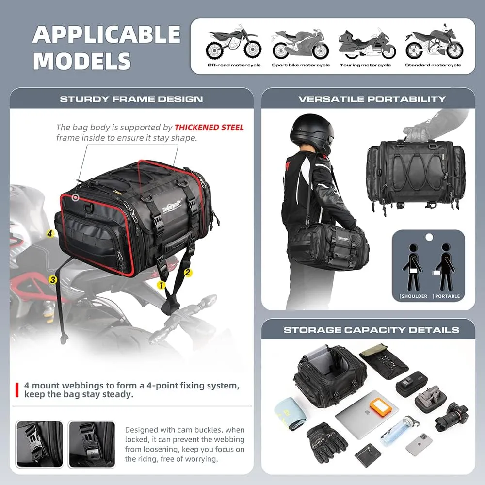 Rhinowalk Motorcycle Saddle Bag Motorbike Tail Bag Waterproof Expandable Pannier Bag Powersports Travel Luggage (Black, 26L)