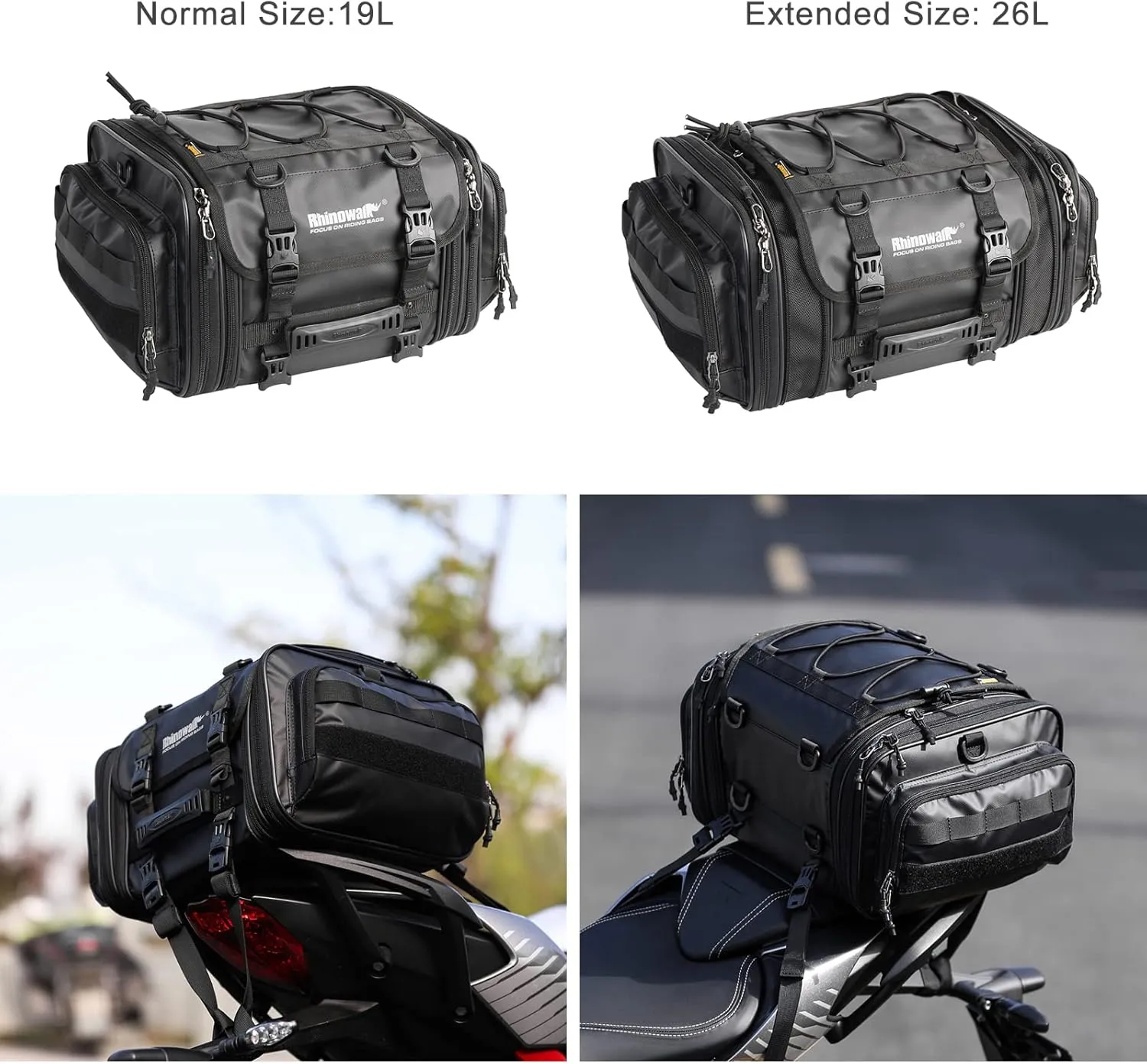 Rhinowalk Motorcycle Saddle Bag Motorbike Tail Bag Waterproof Expandable Pannier Bag Powersports Travel Luggage (Black, 26L)