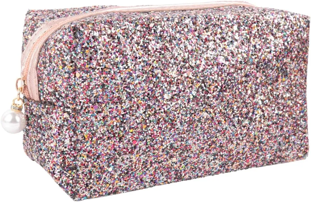 RIAH FASHION Pouch Clutch Organizer Bag - Travel Cosmetic Makeup Toiletry Jewelry Cute Sequin Purse Adjustable Strap (Glitter Cosmetic Bag - Black Multi)