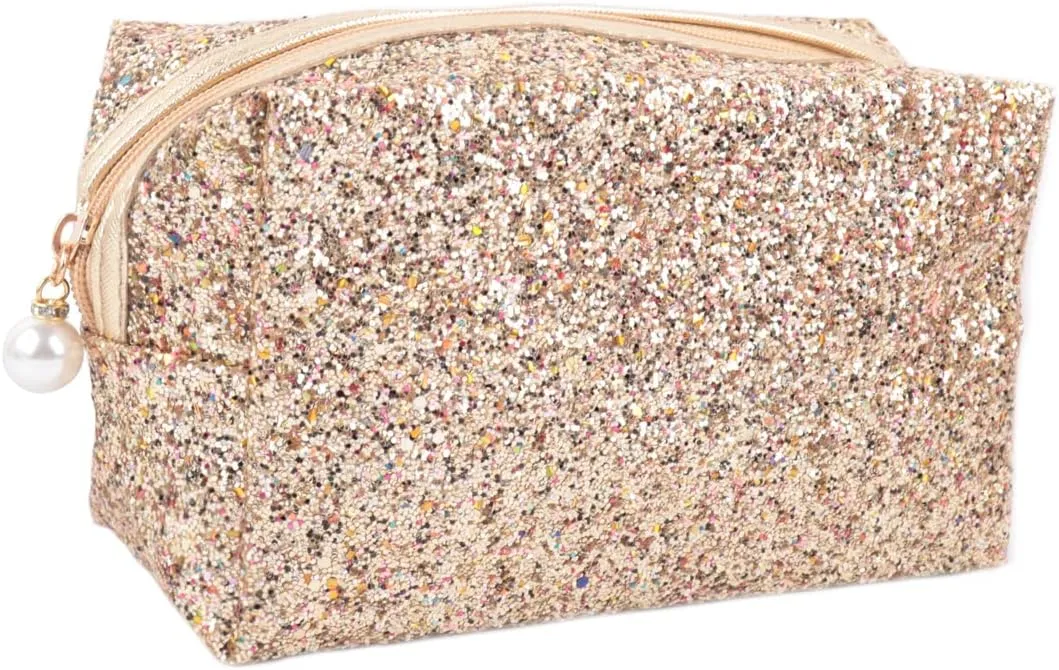 RIAH FASHION Pouch Clutch Organizer Bag - Travel Cosmetic Makeup Toiletry Jewelry Cute Sequin Purse Adjustable Strap (Glitter Cosmetic Bag - Gold)