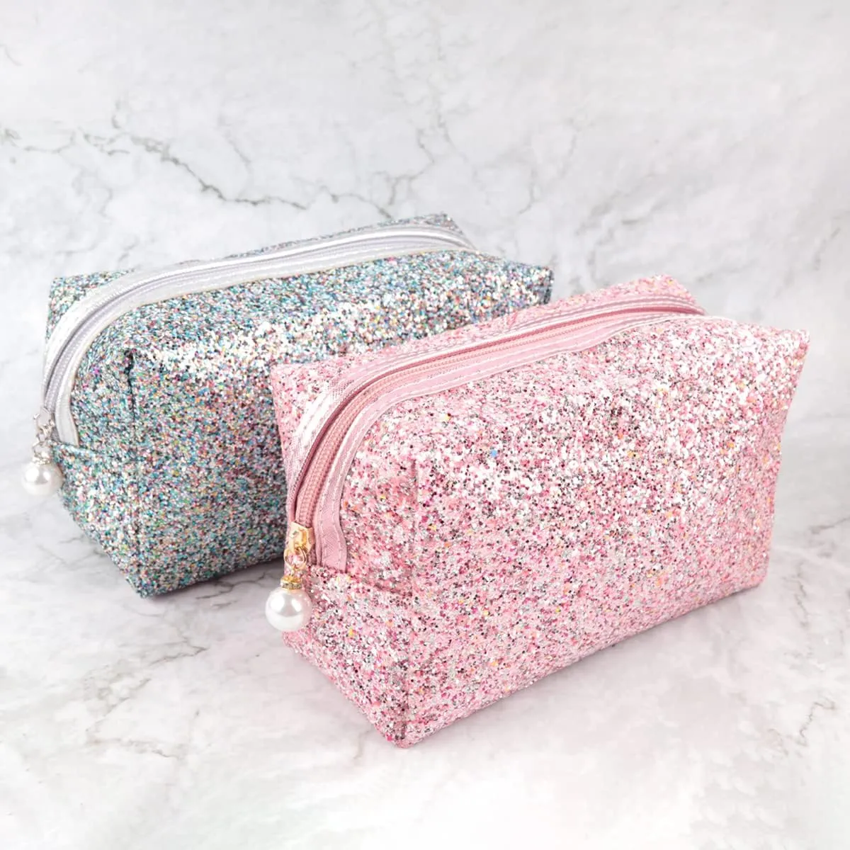 RIAH FASHION Pouch Clutch Organizer Bag - Travel Cosmetic Makeup Toiletry Jewelry Cute Sequin Purse Adjustable Strap (Glitter Cosmetic Bag - Multi)