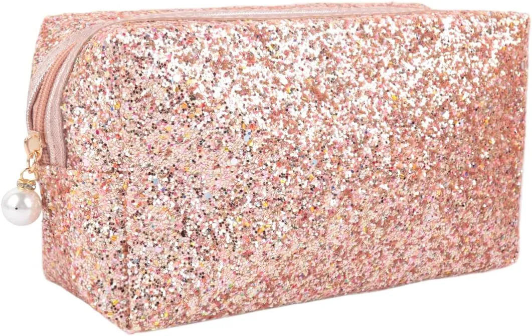 RIAH FASHION Pouch Clutch Organizer Bag - Travel Cosmetic Makeup Toiletry Jewelry Cute Sequin Purse Adjustable Strap (Glitter Cosmetic Bag - Peach)
