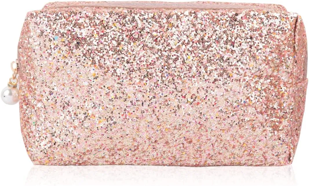 RIAH FASHION Pouch Clutch Organizer Bag - Travel Cosmetic Makeup Toiletry Jewelry Cute Sequin Purse Adjustable Strap (Glitter Cosmetic Bag - Peach)