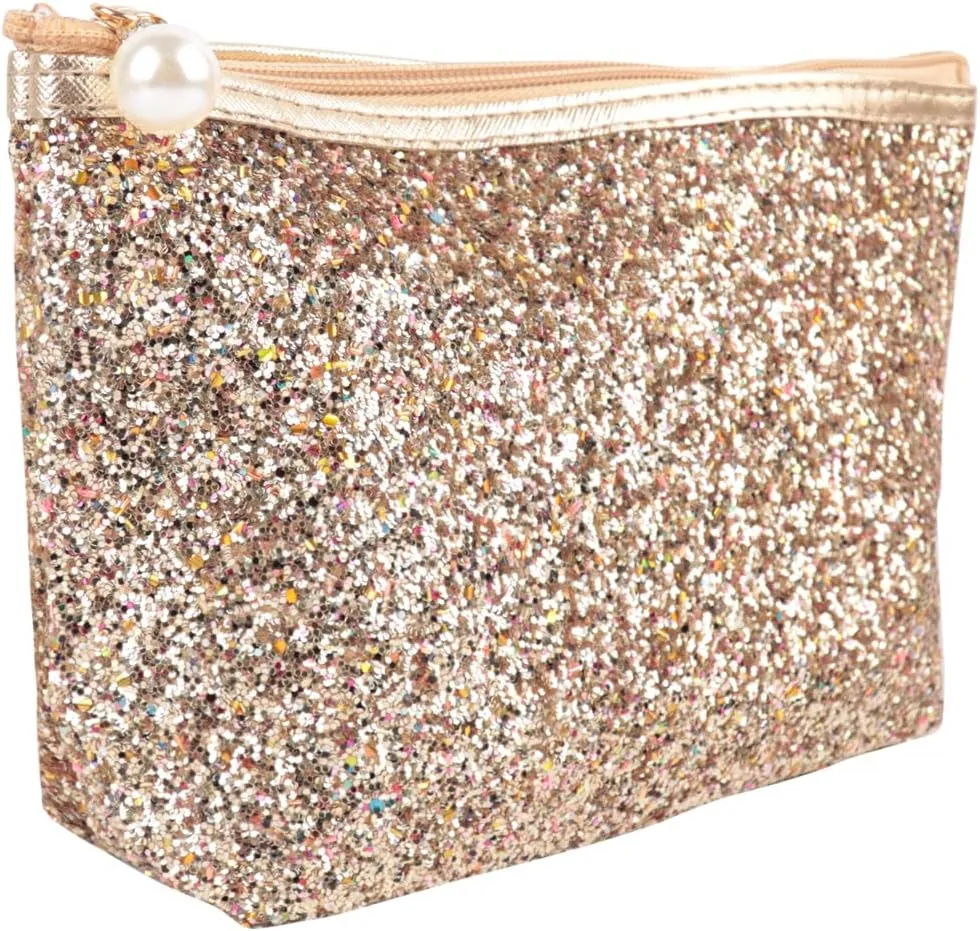 RIAH FASHION Pouch Clutch Organizer Bag - Travel Cosmetic Makeup Toiletry Jewelry Cute Sequin Purse Adjustable Strap (Glitter Cosmetic Zip Bag - Gold)