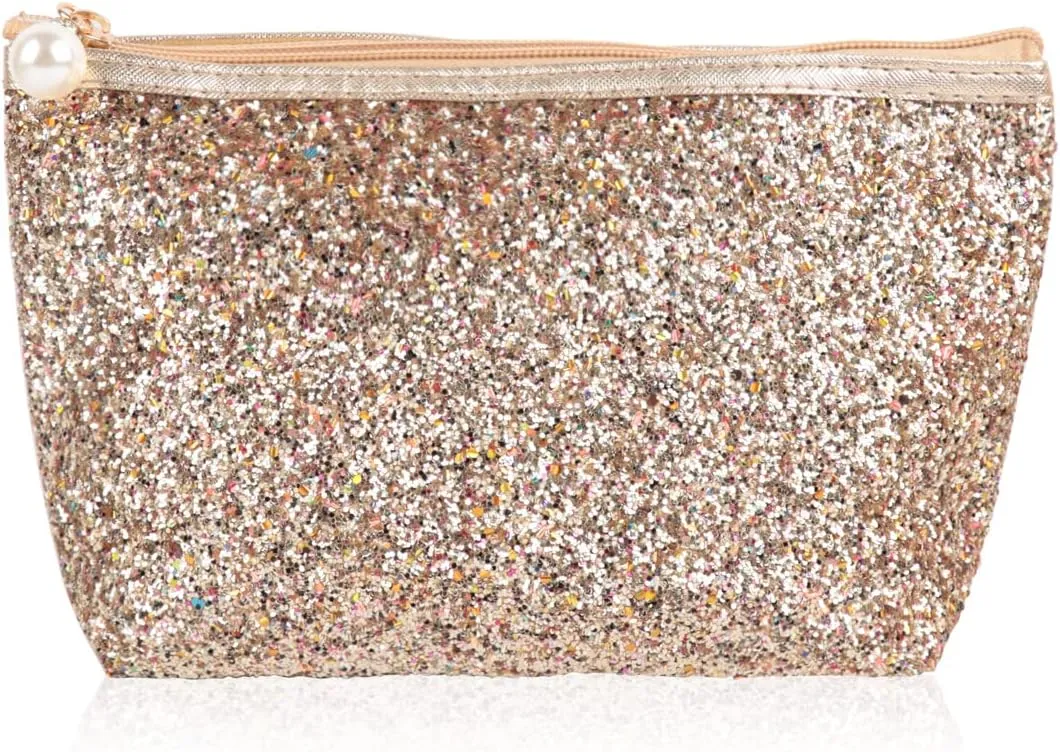 RIAH FASHION Pouch Clutch Organizer Bag - Travel Cosmetic Makeup Toiletry Jewelry Cute Sequin Purse Adjustable Strap (Glitter Cosmetic Zip Bag - Gold)
