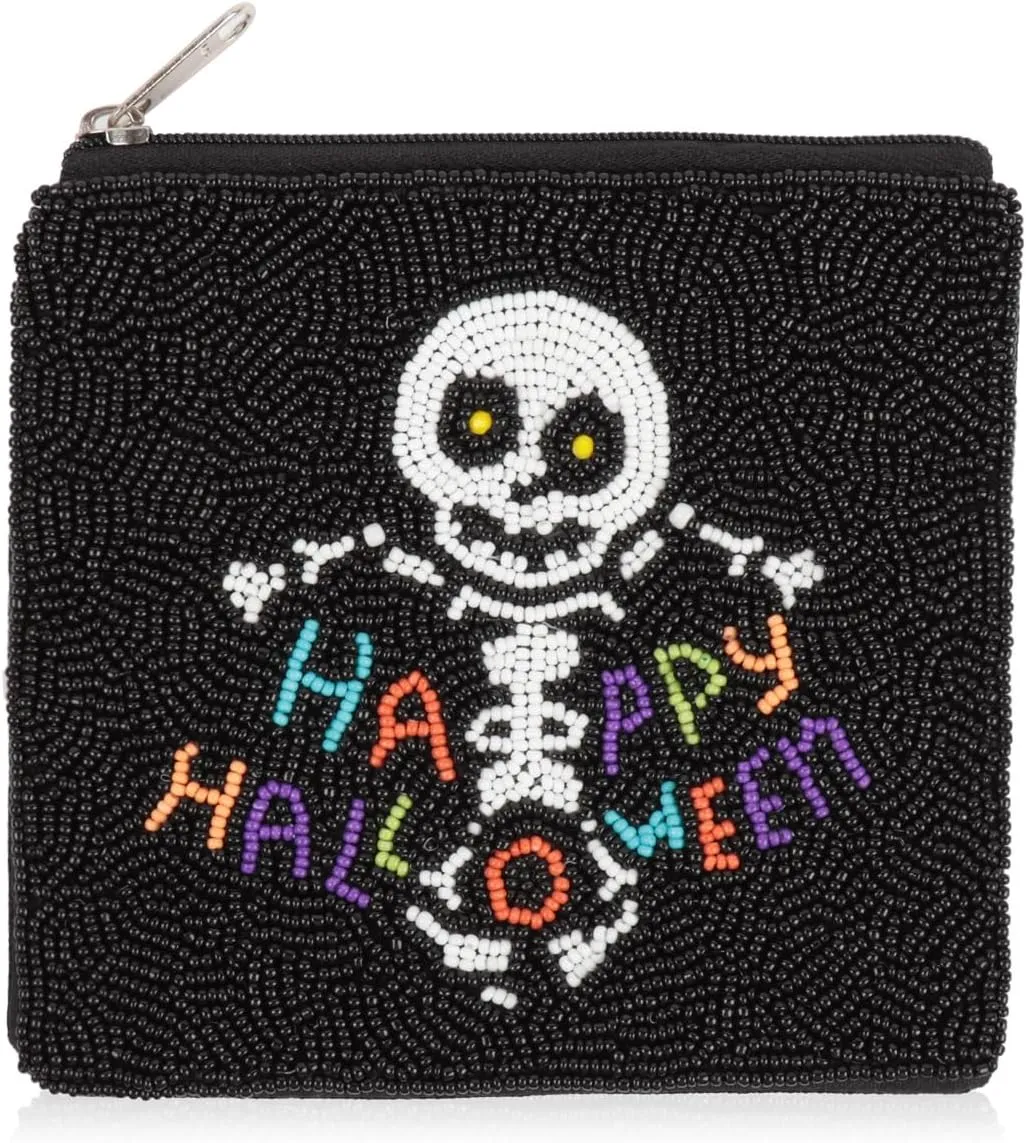 RIAH FASHION Pouch Clutch Organizer Bag - Travel Cosmetic Makeup Toiletry Jewelry Cute Sequin Purse Adjustable Strap (Halloween Seed Bead Coin Pouch - Skull Black)