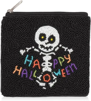 RIAH FASHION Pouch Clutch Organizer Bag - Travel Cosmetic Makeup Toiletry Jewelry Cute Sequin Purse Adjustable Strap (Halloween Seed Bead Coin Pouch - Skull Black)
