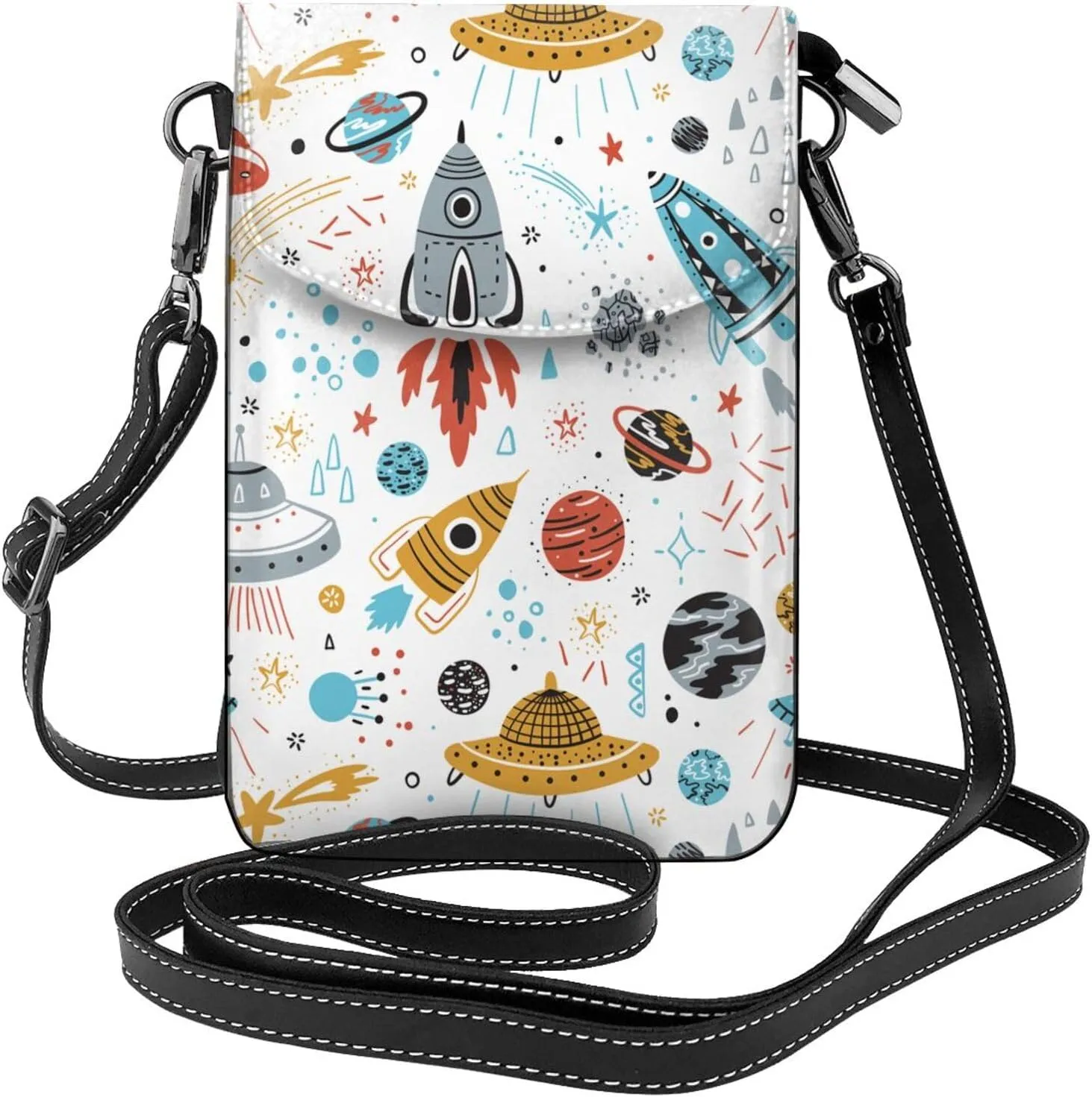 Rocket Flying Saucers Small Crossbody Bags for Women Travel Cell Phone Pouch PU Leather Cross Body Bag Adjustable Shoulder Strap Phone Purses Lightweight Wallet Purse with Credit Card Slots
