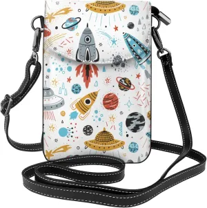 Rocket Flying Saucers Small Crossbody Bags for Women Travel Cell Phone Pouch PU Leather Cross Body Bag Adjustable Shoulder Strap Phone Purses Lightweight Wallet Purse with Credit Card Slots