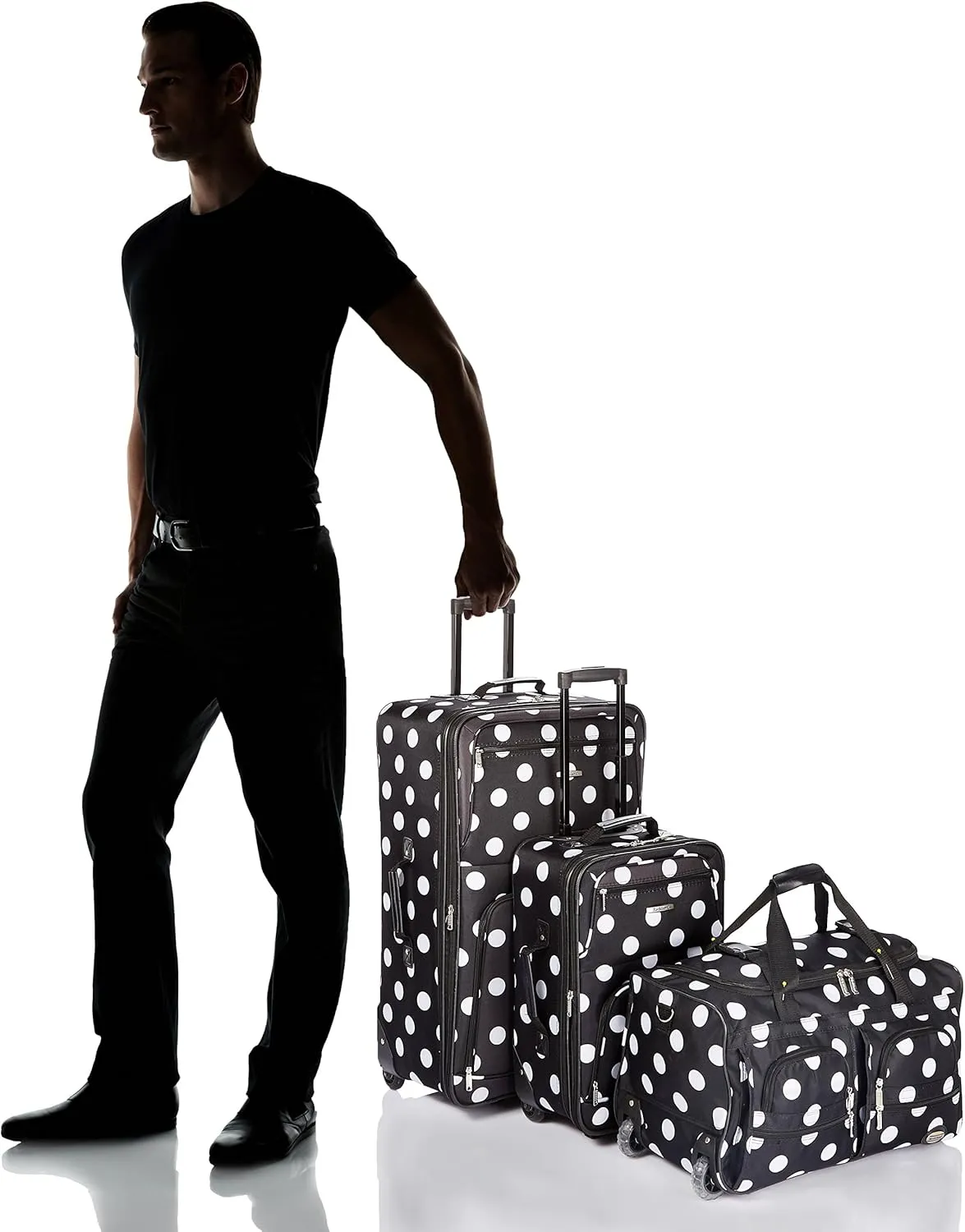 Rockland Vara Softside 3-Piece Upright Luggage Set, Expandable,Black dot, (20/22/28)