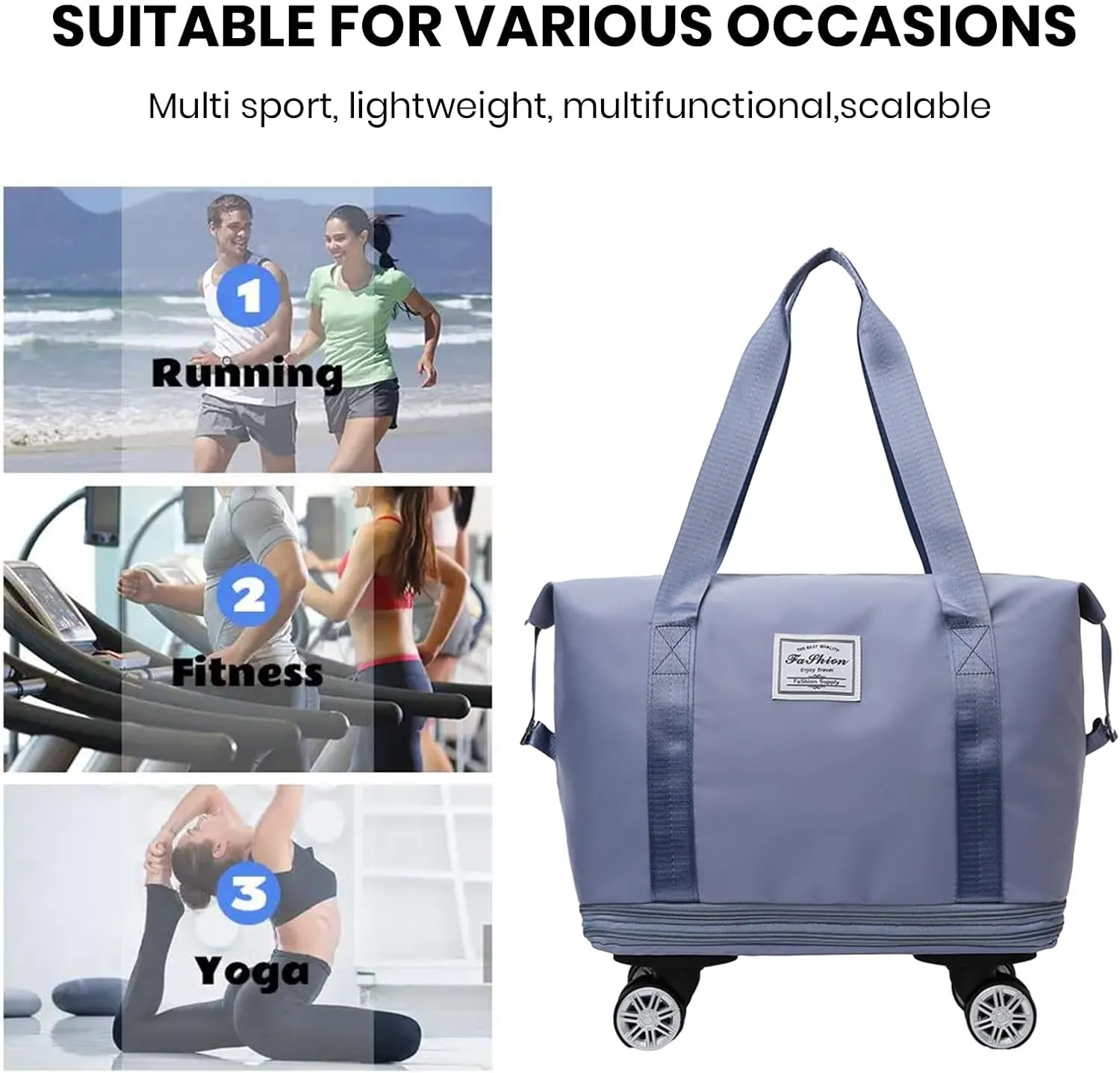 Rolling Duffel Bags with Wheels, Foldable Duffle Bag for Travel, Expandable Luggage Bag, Large Travel Duffle Bag with Detachable Wheels, Waterproof Weekend Bag for Outdoor Gym Travel (Blue)
