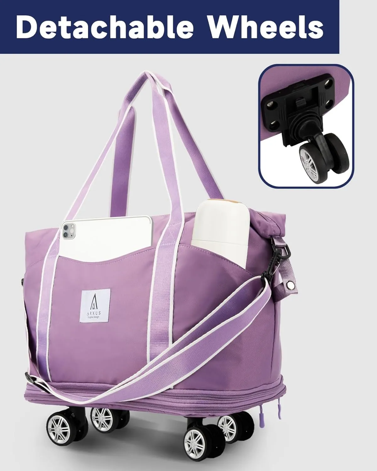 Rolling Duffle Bag with Detachable Wheels and Adjustable Shoulder Strap, Large Expandable Foldable Carry On Luggage Bag with Handle and Suitcase Sleeve, Weekend Travel Airplane 25L-55L