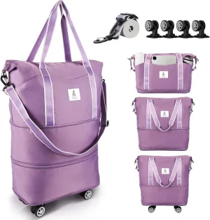Rolling Duffle Bag with Detachable Wheels and Adjustable Shoulder Strap, Large Expandable Foldable Carry On Luggage Bag with Handle and Suitcase Sleeve, Weekend Travel Airplane 25L-55L