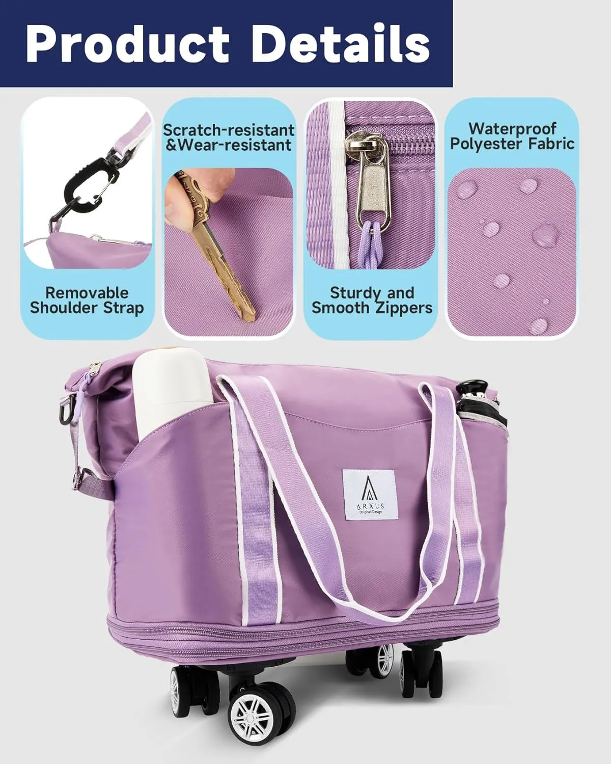 Rolling Duffle Bag with Detachable Wheels and Adjustable Shoulder Strap, Large Expandable Foldable Carry On Luggage Bag with Handle and Suitcase Sleeve, Weekend Travel Airplane 25L-55L