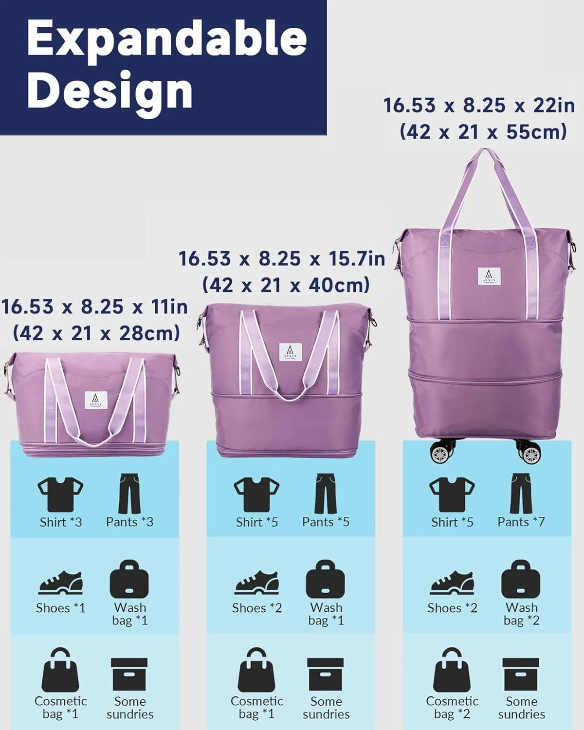 Rolling Duffle Bag with Detachable Wheels and Adjustable Shoulder Strap, Large Expandable Foldable Carry On Luggage Bag with Handle and Suitcase Sleeve, Weekend Travel Airplane 25L-55L