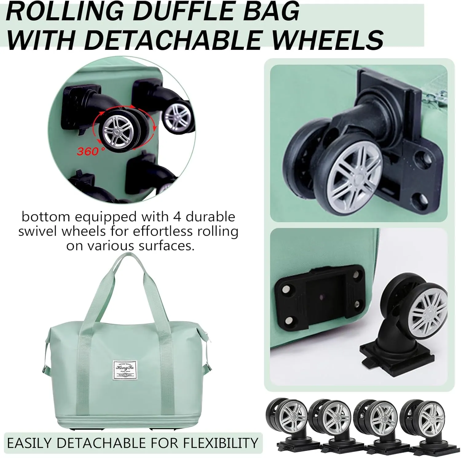 Rolling Duffle Bag with Detachable Wheels Expandable Foldable Duffle Bag for Travel Luggage bag Carry on Weekend Travel Bag (Green)