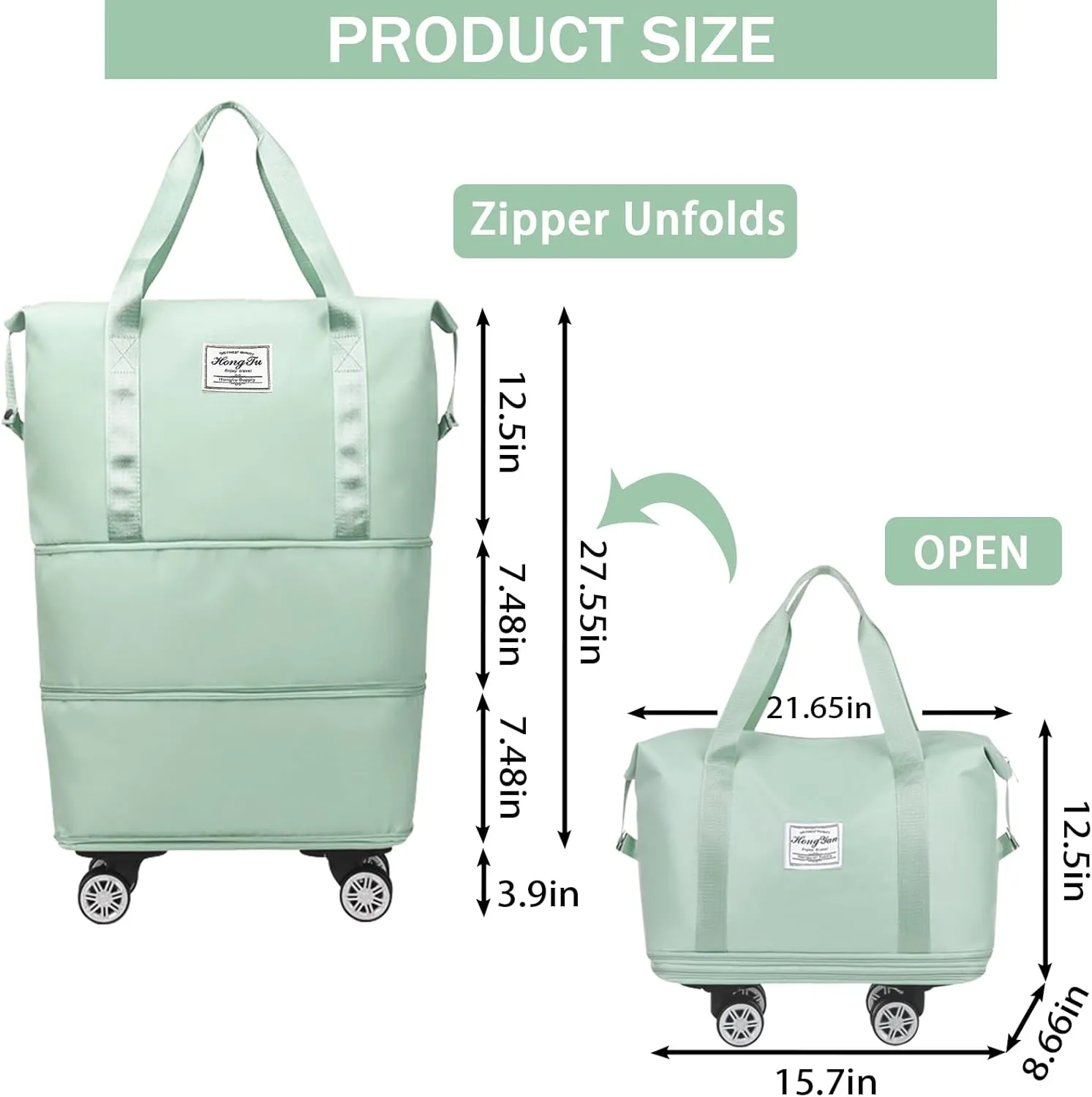 Rolling Duffle Bag with Detachable Wheels Expandable Foldable Duffle Bag for Travel Luggage bag Carry on Weekend Travel Bag (Green)