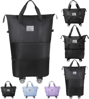 Rolling Duffle Bag with Wheels and Handle, Expandable Travel Duffel Bag, Foldable Roller Bag, Carry on Rolling Tote Bag, Detachable Wheeled Duffle, Garment Bag, Luggage Bag, Weekend Bag, Black