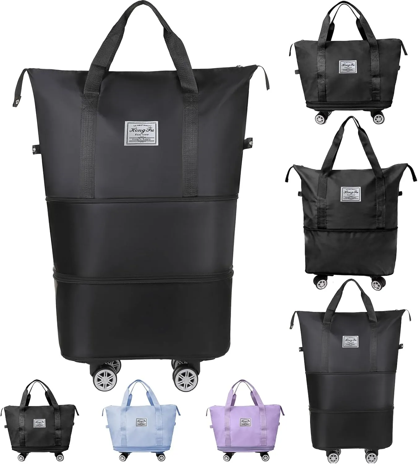 Rolling Duffle Bag with Wheels and Handle, Expandable Travel Duffel Bag, Foldable Roller Bag, Carry on Rolling Tote Bag, Detachable Wheeled Duffle, Garment Bag, Luggage Bag, Weekend Bag, Black