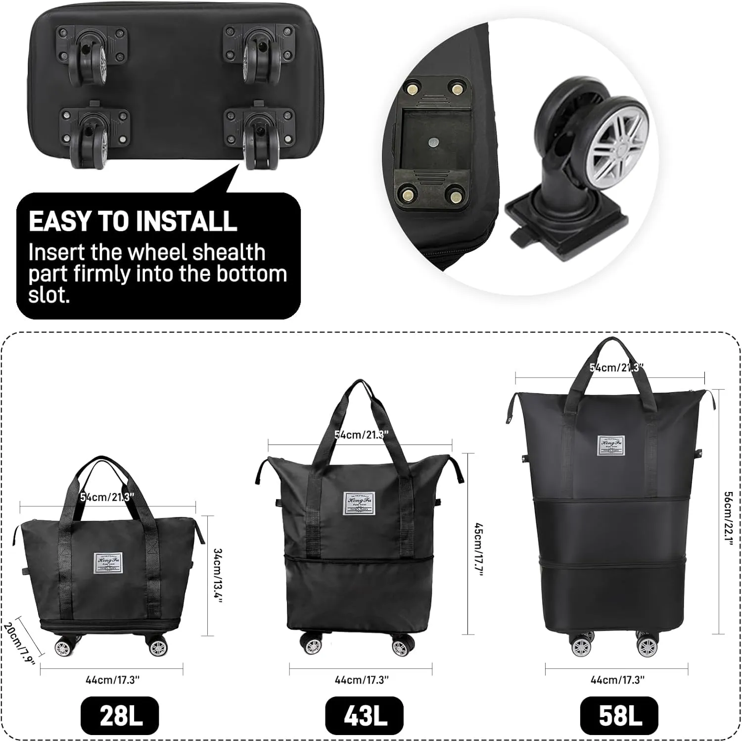 Rolling Duffle Bag with Wheels and Handle, Expandable Travel Duffel Bag, Foldable Roller Bag, Carry on Rolling Tote Bag, Detachable Wheeled Duffle, Garment Bag, Luggage Bag, Weekend Bag, Black