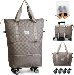 Rolling Duffle Bag with Wheels and Shoe Bag Expandable Foldable Travel Duffel Bag Checkerboard Carry on Luggage Bag Weekender Bag for Men Women