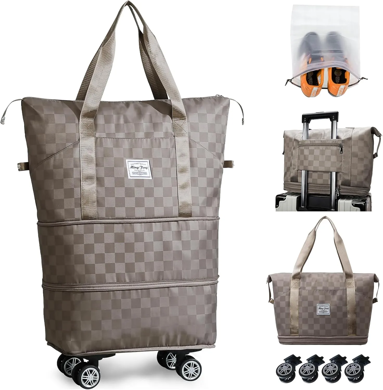 Rolling Duffle Bag with Wheels and Shoe Bag Expandable Foldable Travel Duffel Bag Checkerboard Carry on Luggage Bag Weekender Bag for Men Women