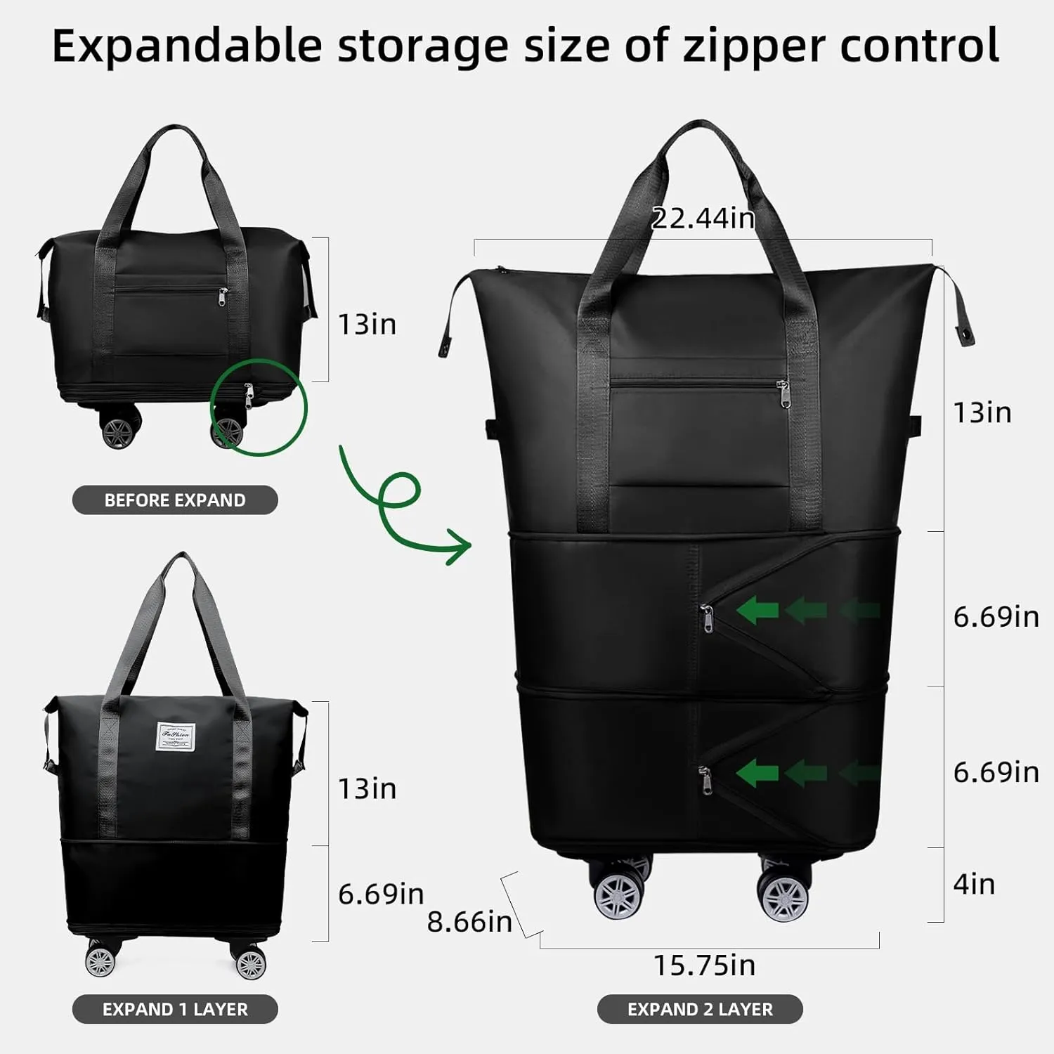 Rolling Duffle Bag with Wheels Expandable Foldable Travel Bag Carry on Duffel Bag Large Luggage Bag Overnight Weekender Bag Black