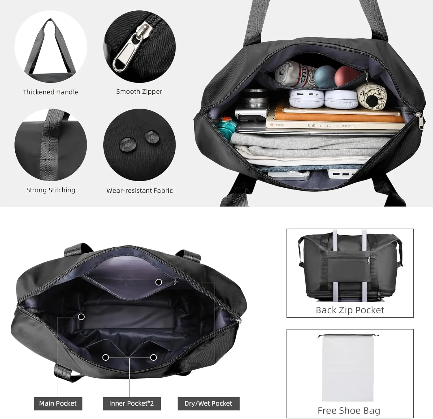 Rolling Duffle Bag with Wheels Expandable Foldable Travel Bag Carry on Duffel Bag Large Luggage Bag Overnight Weekender Bag Black