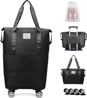 Rolling Duffle Bag with Wheels Expandable Foldable Travel Bag Carry on Duffel Bag Large Luggage Bag Overnight Weekender Bag Black