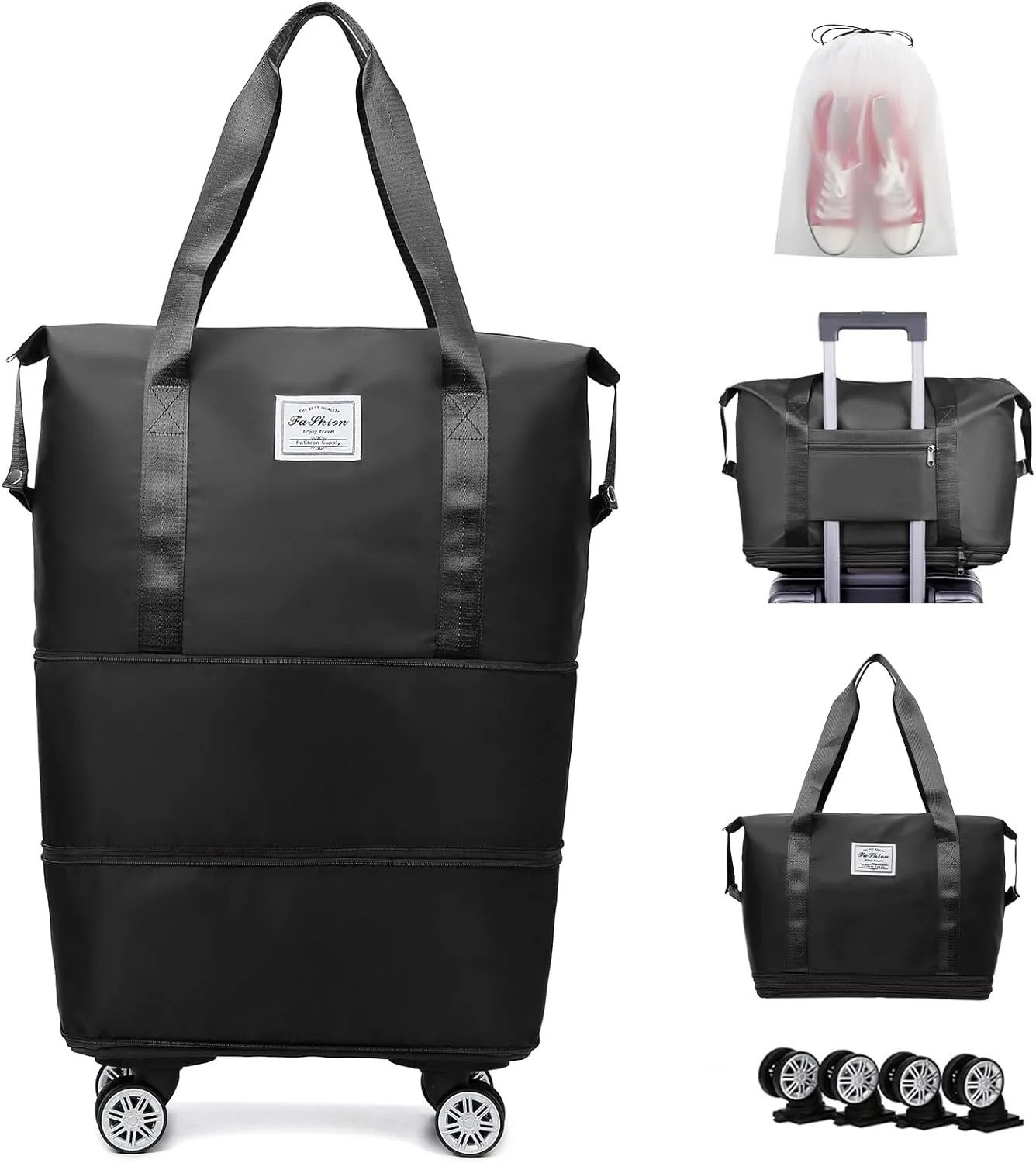 Rolling Duffle Bag with Wheels Expandable Foldable Travel Bag Carry on Duffel Bag Large Luggage Bag Overnight Weekender Bag Black
