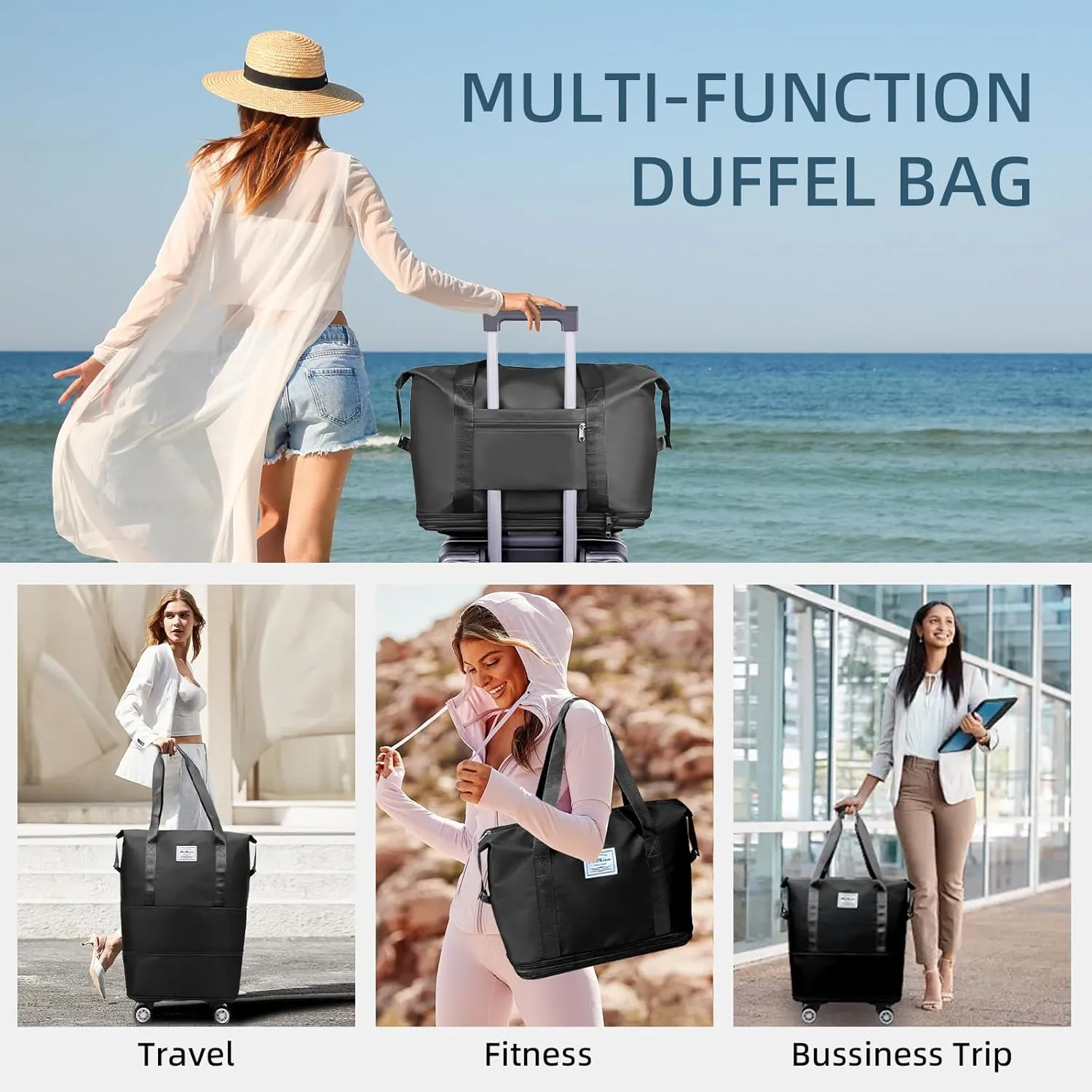 Rolling Duffle Bag with Wheels Expandable Foldable Travel Bag Carry on Duffel Bag Large Luggage Bag Overnight Weekender Bag Black