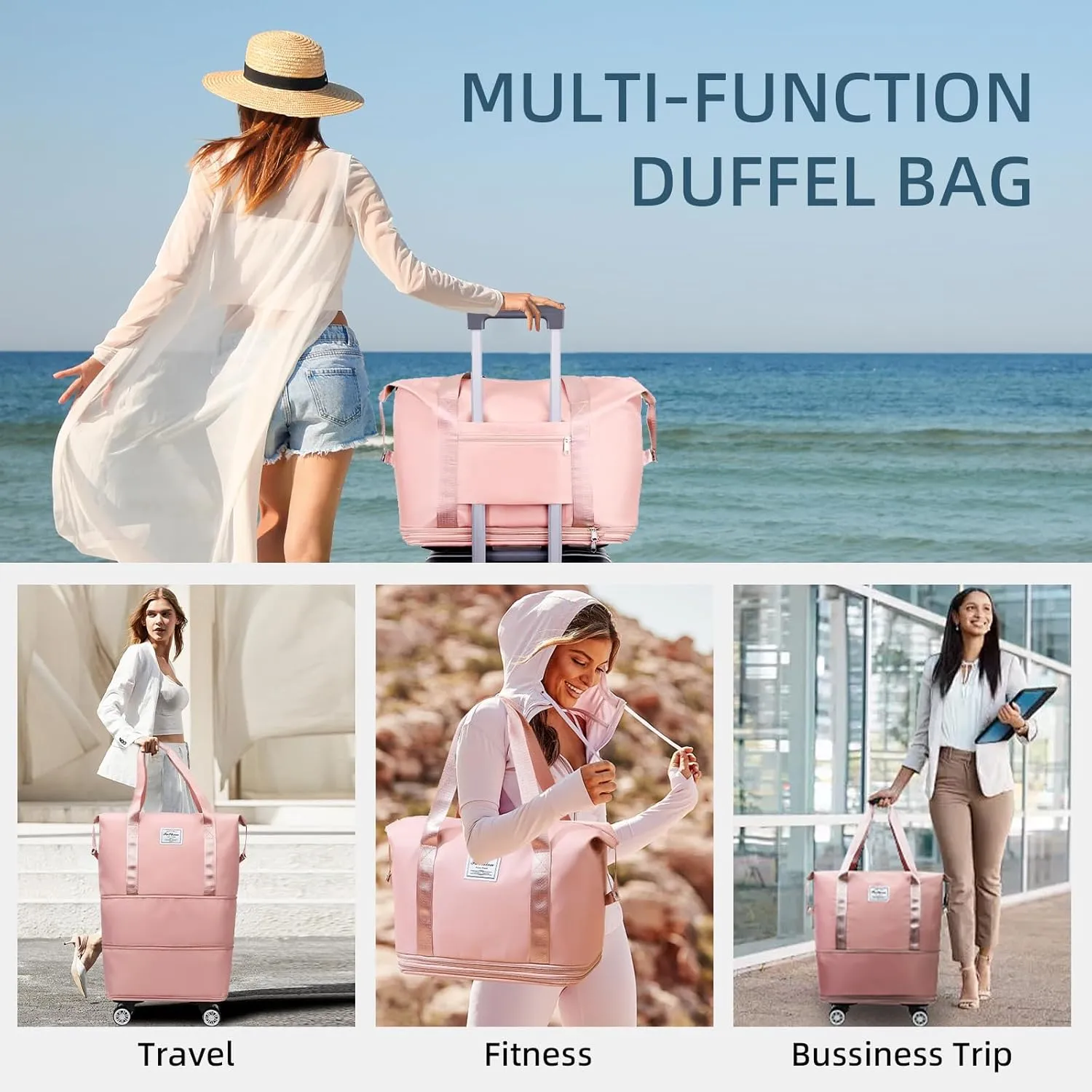 Rolling Duffle Bag with Wheels Expandable Foldable Travel Bag Carry on Duffel Bag Large Luggage Bag Overnight Weekender Bag Pink