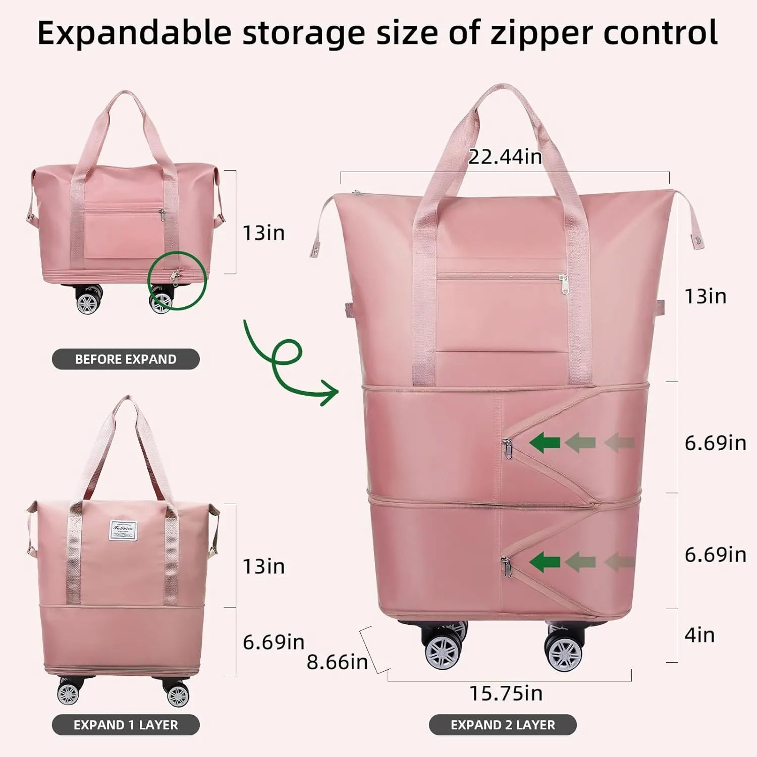 Rolling Duffle Bag with Wheels Expandable Foldable Travel Bag Carry on Duffel Bag Large Luggage Bag Overnight Weekender Bag Pink