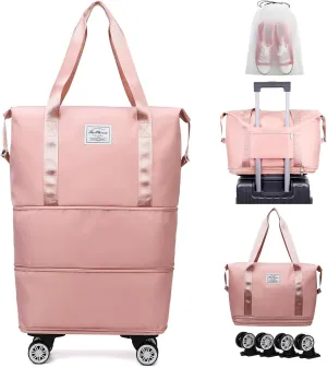 Rolling Duffle Bag with Wheels Expandable Foldable Travel Bag Carry on Duffel Bag Large Luggage Bag Overnight Weekender Bag Pink
