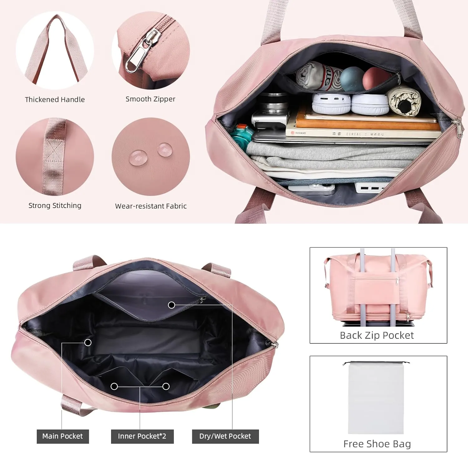 Rolling Duffle Bag with Wheels Expandable Foldable Travel Bag Carry on Duffel Bag Large Luggage Bag Overnight Weekender Bag Pink