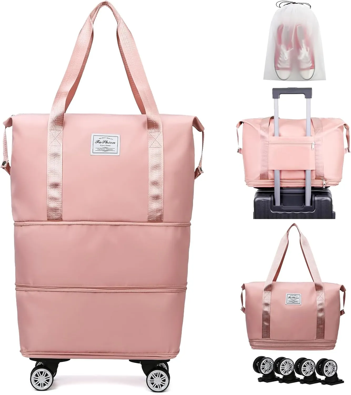 Rolling Duffle Bag with Wheels Expandable Foldable Travel Bag Carry on Duffel Bag Large Luggage Bag Overnight Weekender Bag Pink