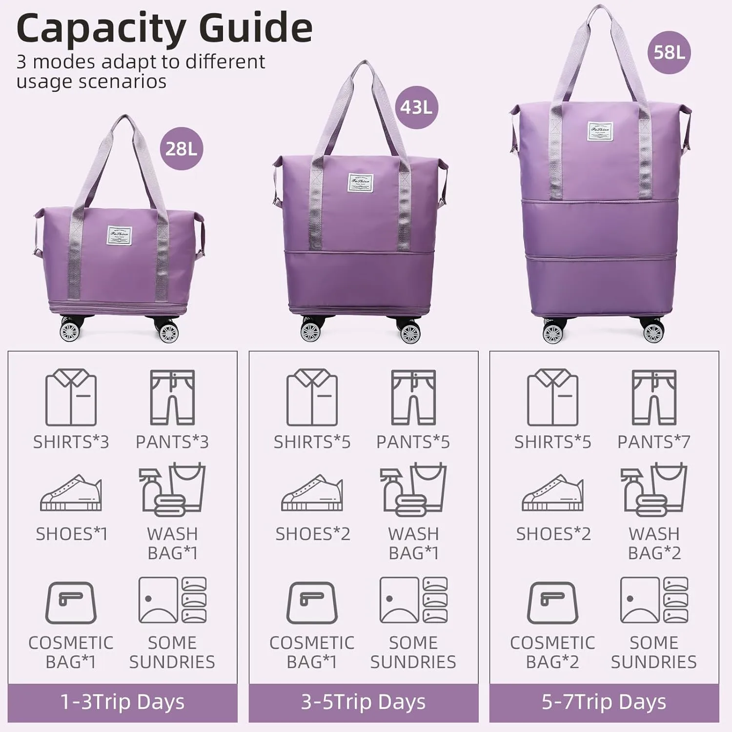 Rolling Duffle Bag with Wheels Expandable Foldable Travel Bag Carry on Duffel Bag Large Luggage Bag Overnight Weekender Bag Purple